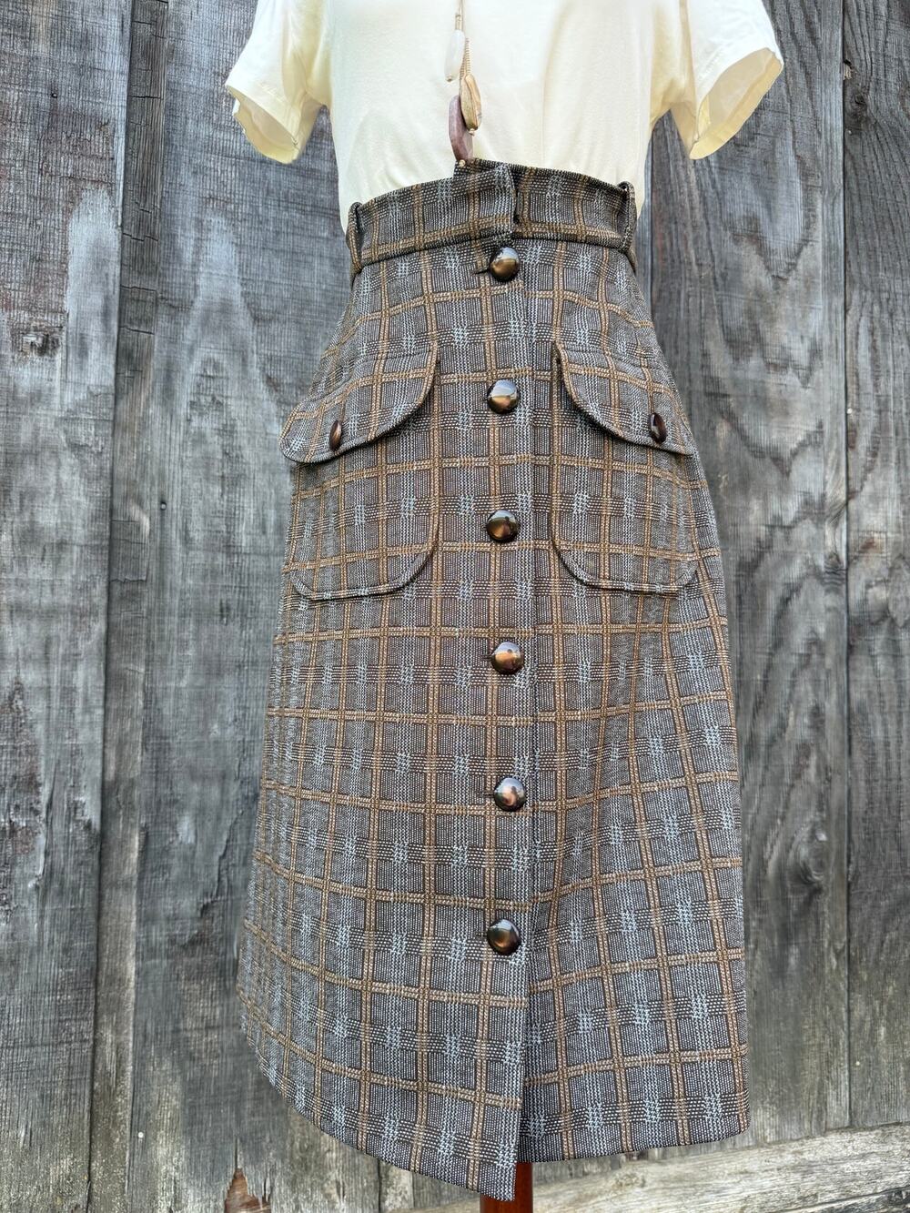 Vintage 70s Plaid Wool Blend High Waist Button Skirt